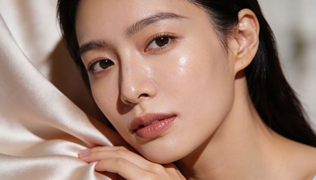 Dewy skin closeup of asian woman resting on pale satin showing natural glowing makeup