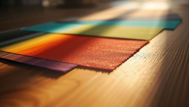 Sunlit fabric swatches on wooden table showcasing vibrant textile textures and color palette