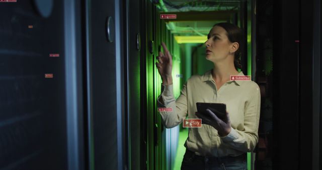 Image of social media icons over caucasian female engineer using digital tablet at server room. Social media networking and business data storage technology concept