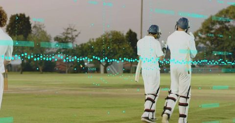 Two cricketers walking to pitch with turquoise data overlay for sports analytics