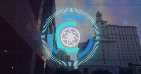 Digital interface overlay on modern cityscape background
