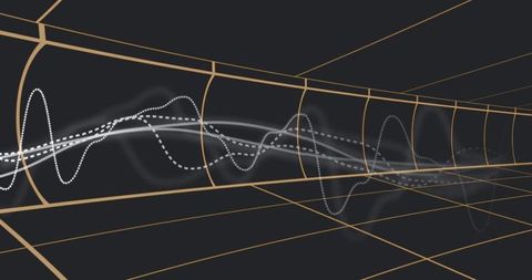 Futuristic gold grid tunnel with layered white waveform flowing through digital corridor