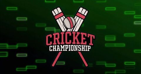 Cricket championship emblem featuring crossed bats and ball on neon green digital backdrop
