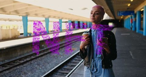 Headscarf commuter multitasking at metro platform with vibrant effects