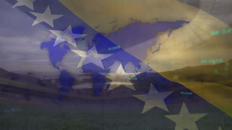 Bosnia and Herzegovina Flag Overlayed on World Map and Stadium