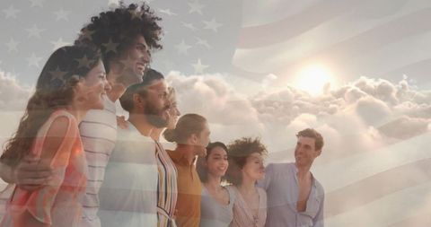 Diverse friends celebrating with translucent usa flag in background