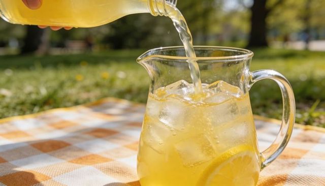 Pouring lemonade into glass pitcher on orange check picnic blanket in sunny park