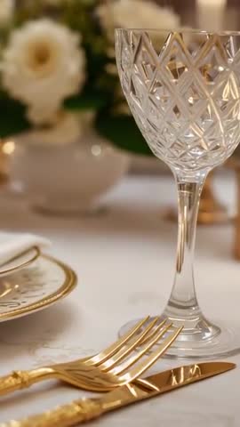 Vertical panning video highlighting faceted crystal goblet and gold cutlery on dinner table
