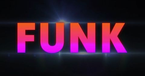 Neon 3d funk bold typography with gradient glow, lens flare and reflective stage lighting