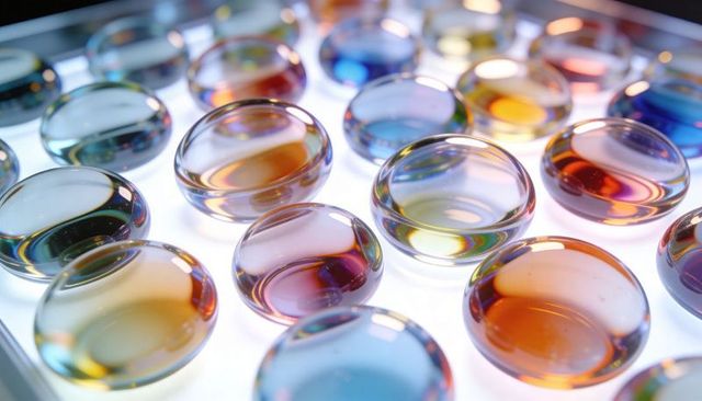 Iridescent glass domes on illuminated tray reflecting prismatic colors and glossy bokeh