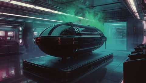 Cryogenic pod venting teal vapor in neon futuristic lab for sci-fi technology concepts