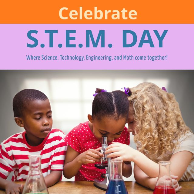This image highlights the importance of STEM education by showing diverse students eagerly using a microscope together in a classroom. Ideal for educational campaigns, school event promotions, and STEM initiatives to emphasize inclusivity and hands-on learning.