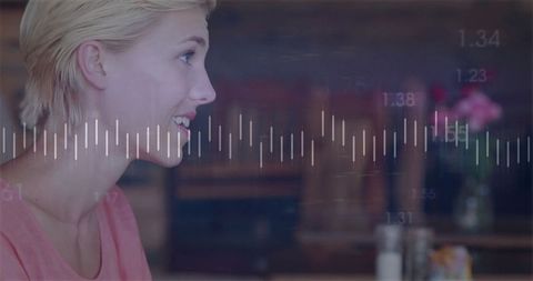 Woman Analyzing Digital Waveform in Modern Café Setting