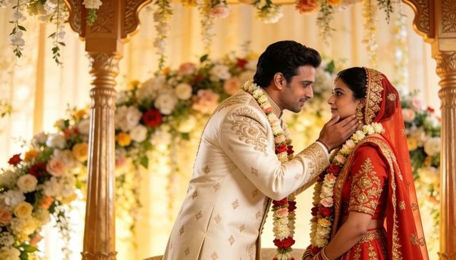 Exchanging garlands in indian wedding mandap, groom touching bride cheek in red lehenga