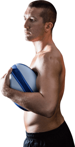 Transparent Rugby Player Holding Ball Pensive and Focused