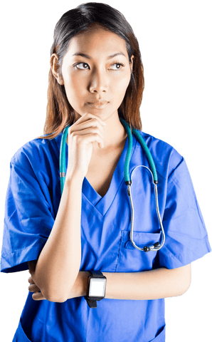 Thoughtful asian nurse with stethoscope on transparent background