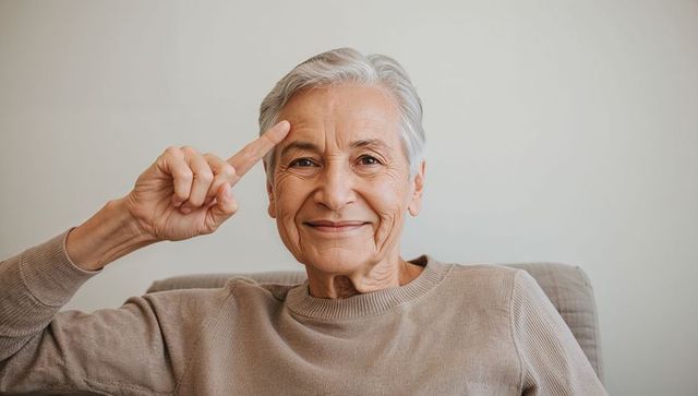 Serene senior woman touching temple while relaxing in armchair, thoughtful portrait
