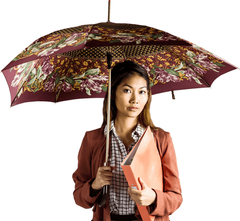 businesswoman holding binder with floral umbrella transparent image - Download Free Stock Videos Pikwizard.com