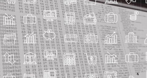 Financial Data Analysis with Currency and Corporate Icons Overlay - Download Free Stock Images Pikwizard.com