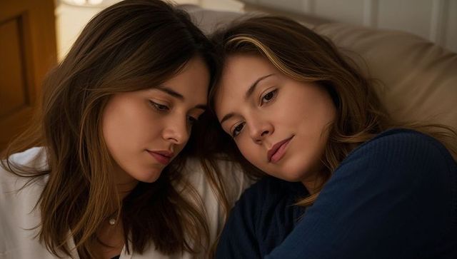 Two women sharing quiet intimate moment, cuddling on bed with warm ambient light