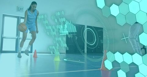 Female Basketball Player Dribbling Cone Drill on Indoor Court with Futuristic Data Overlay