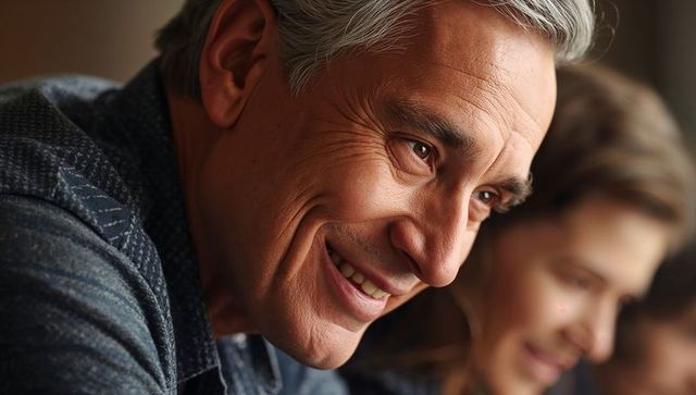 Smiling senior man showing right profile in soft warm light, gray hair, candid portrait