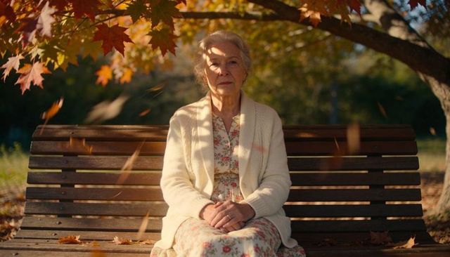 Senior woman sitting on wooden bench under autumn maple leaves, peaceful reflective mood