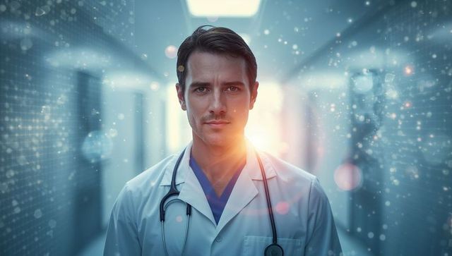 Confident doctor standing in futuristic hospital corridor with stethoscope and rim light