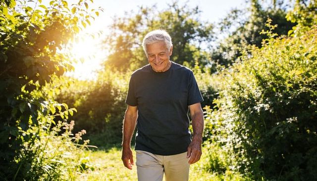 Senior man walking on sunlit nature trail enjoying healthy outdoor lifestyle and wellness