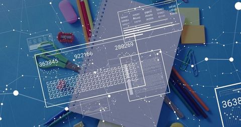 Spiral notebook flatlay with colored pencils and digital data overlaying study workspace