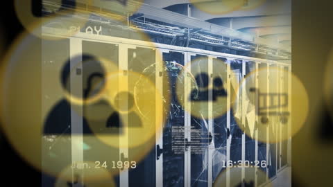 Data Interference Icons Over Processing Server Room