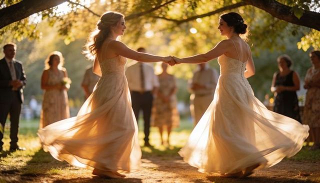 Two brides twirling under golden-hour light in garden wedding