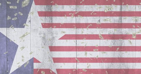 USA Flag Overlaid on Surface with Scattered Banknotes