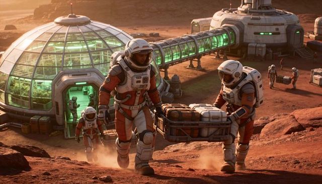 Mars colony crew transporting cargo uphill near illuminated greenhouse dome at sunset