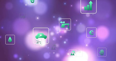 Floating electric car and eco app icons over purple bokeh glow for futuristic dashboard