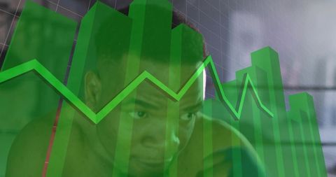 Shirtless man analyzing digital data with translucent green 3d bar and line chart overlay
