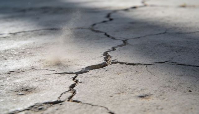 Sunlit jagged ground fissure running diagonally across parched earth with rising dust puff