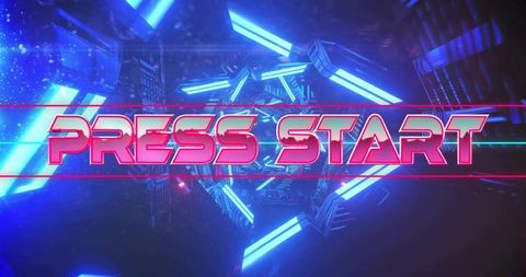 Retro neon press start arcade tunnel with glowing cyan bars and futuristic vibe