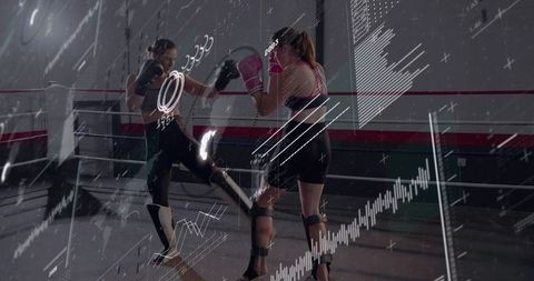 Women sparring in boxing ring with HUD analytics overlay delivering front kick and block