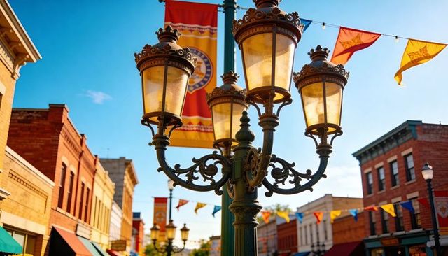 Ornate Victorian Lamppost Glowing in Golden Light on Festive Small Town Main Street