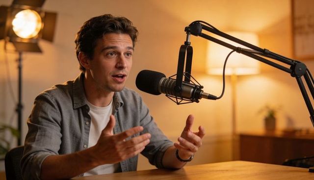 Podcast host gesturing while speaking into microphone in warm home studio with boom arm