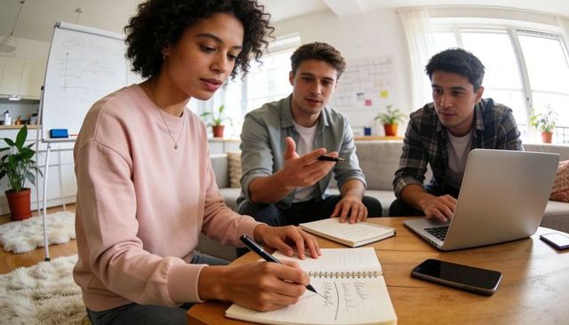 Young team collaborating and taking notes in cozy living room workspace