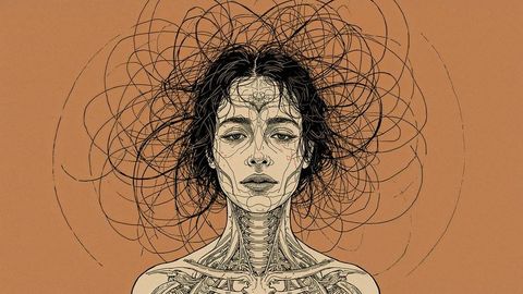 Detailed female anatomical illustration with intricate hair design