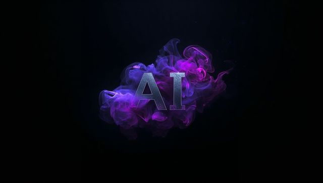 Glowing metallic ai letters floating in purple-magenta-blue smoke with neon sparks