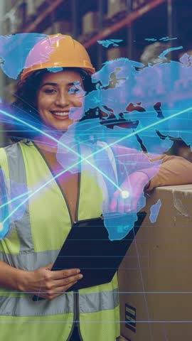 Female Warehouse Worker Visualizing Global Supply Routes on Tablet with 3D AR Map