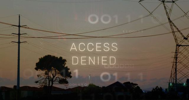 Access denied concept with suburban skyline and binary code