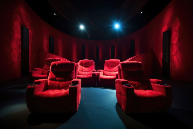Luxurious red cinema seats await viewers in a dark theater. Velvet chairs and ambient lighting set the stage for an exclusive movie experience.