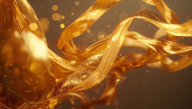 Abstract swirling golden ribbons with glowing particles