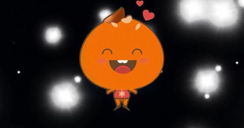 Smiling orange mascot character floating among glowing orbs with hearts playful whimsical
