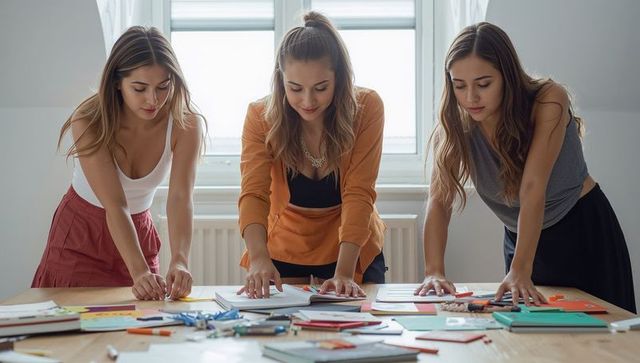 Three young women collaborating at table arranging papers and notebooks for creative planning